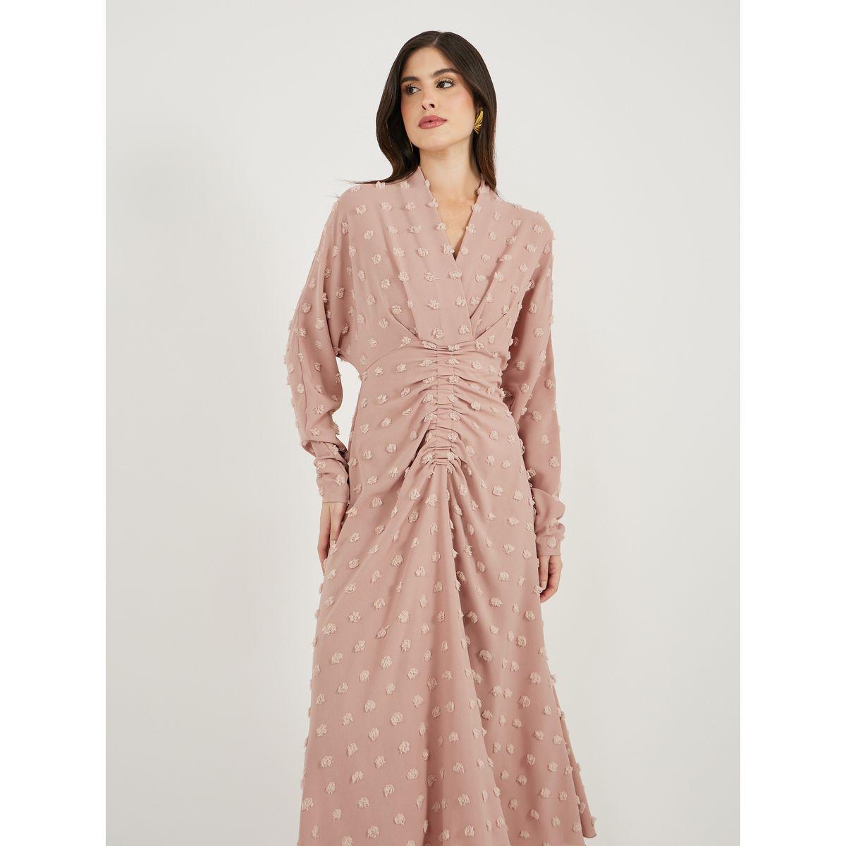 فستان بنسيج بارز الملمس وتفاصيل مزمومة-women-clothing-dresses-image-3