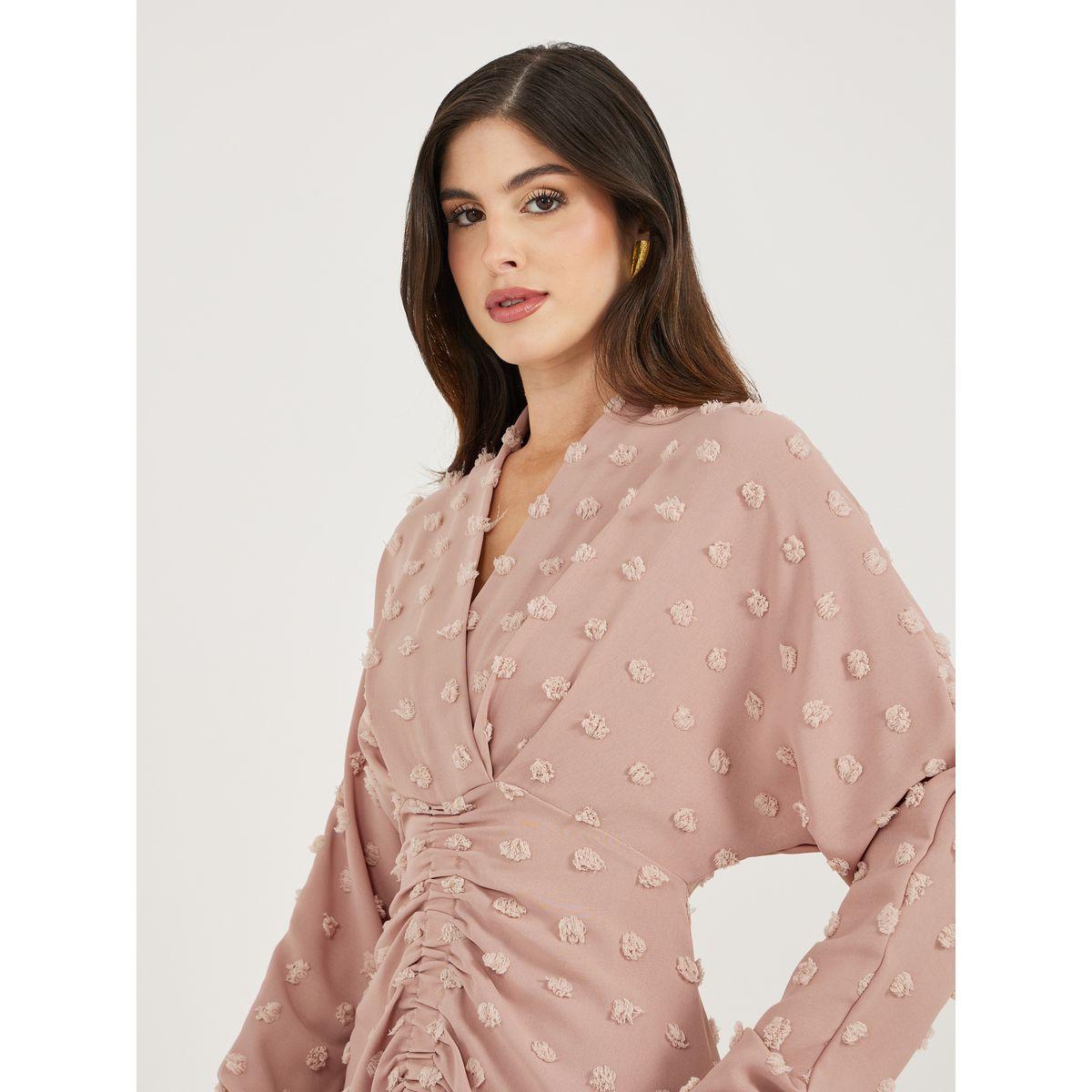 Dobby Long Sleeve A-Line Dress with Ruched-women-clothing-dresses-image-4
