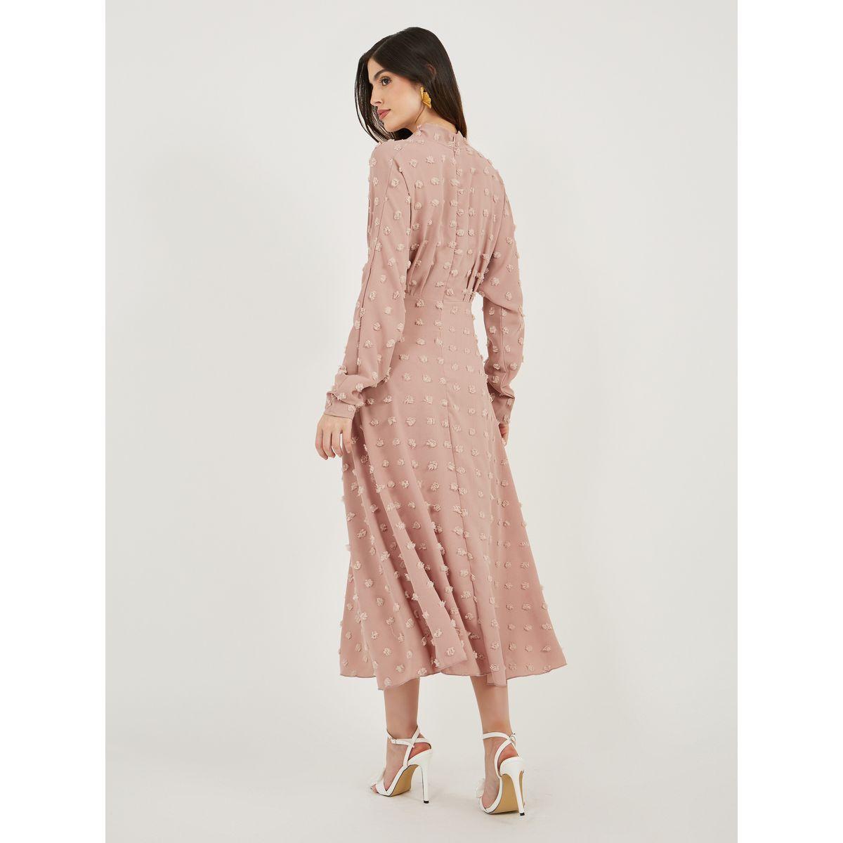Dobby Long Sleeve A-Line Dress with Ruched-women-clothing-dresses-image-5