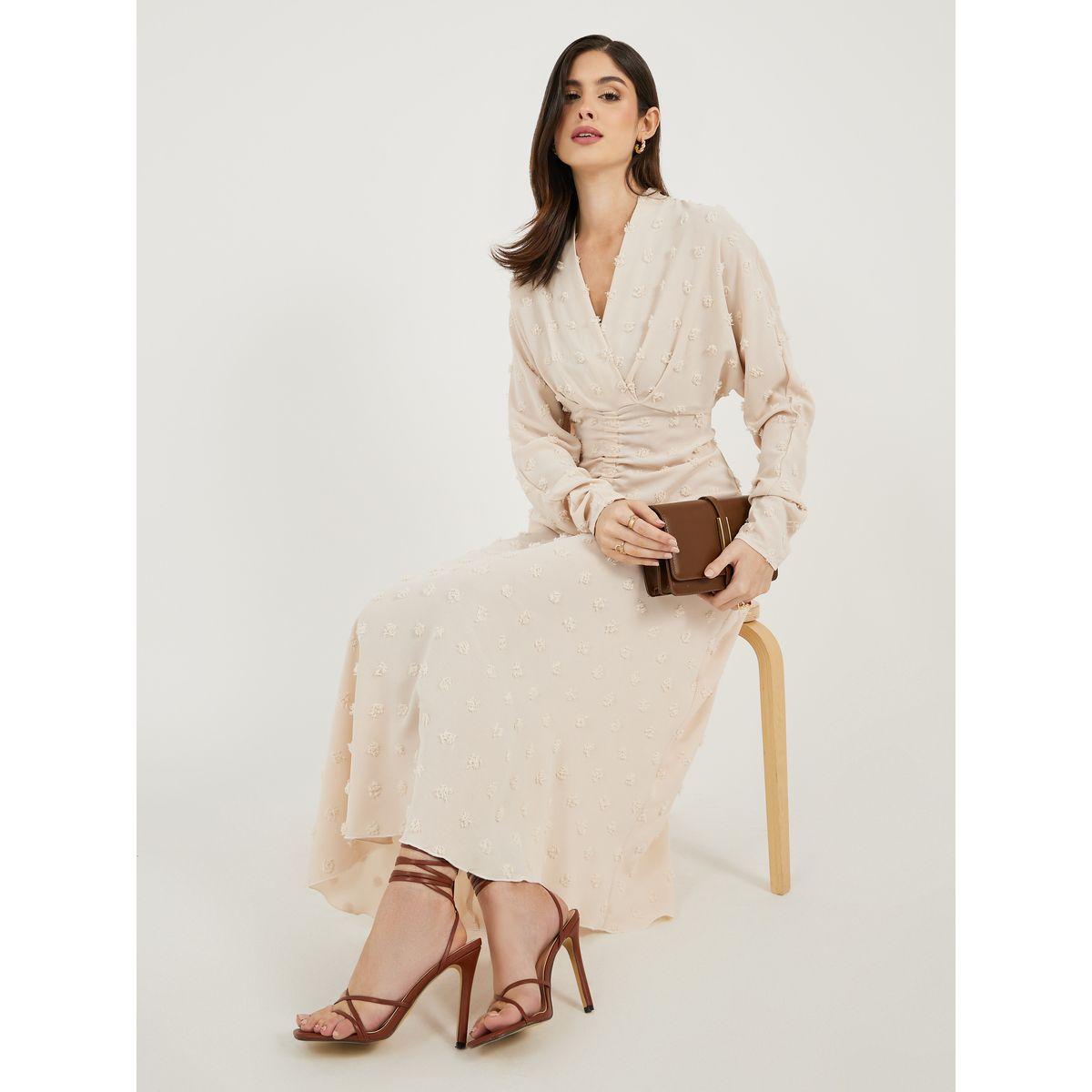 Styli Dobby Long Sleeve A-Line Midi Dress with Waist Ruched Detail-women-clothing-dresses-image-1