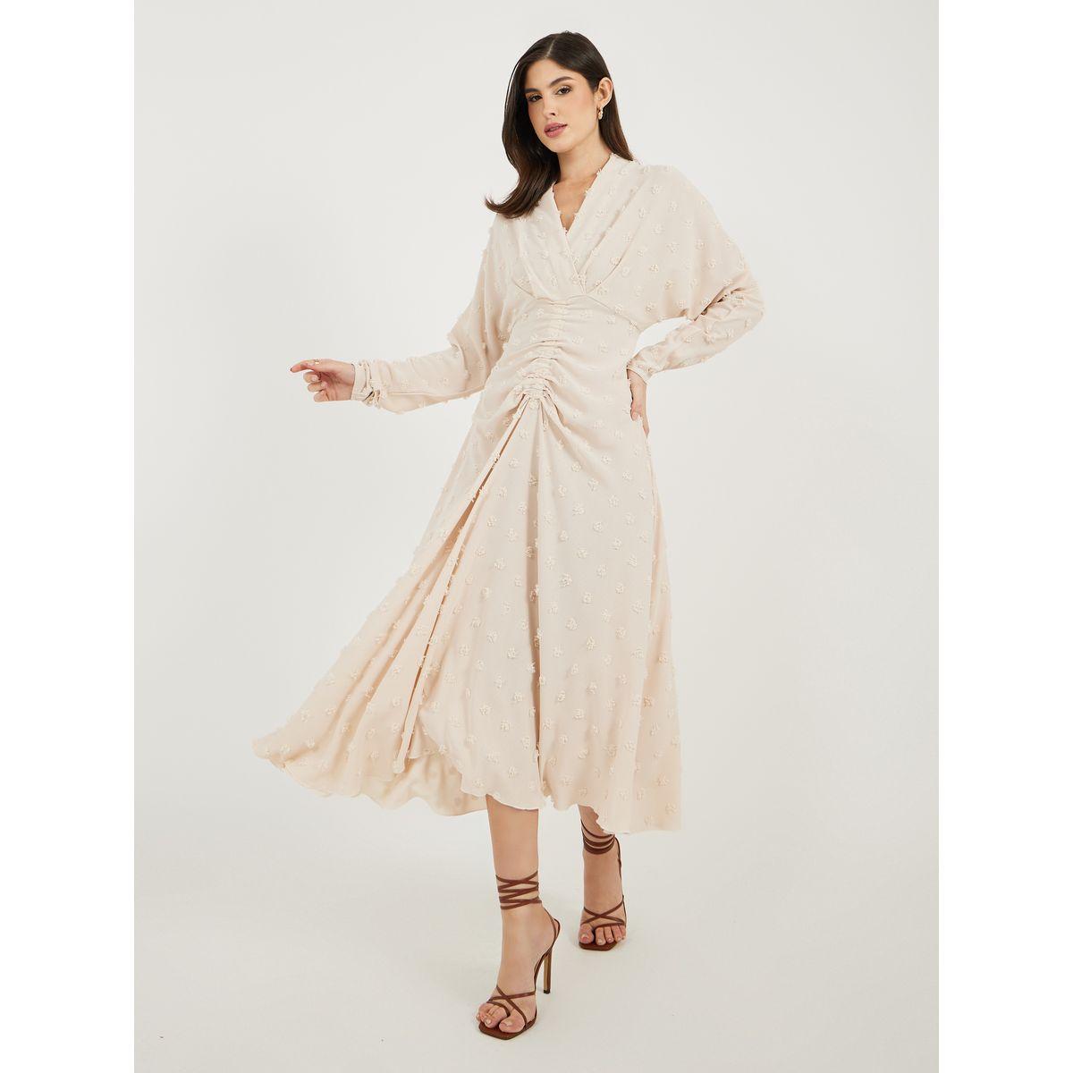 Styli Dobby Long Sleeve A-Line Midi Dress with Waist Ruched Detail-women-clothing-dresses-image-2