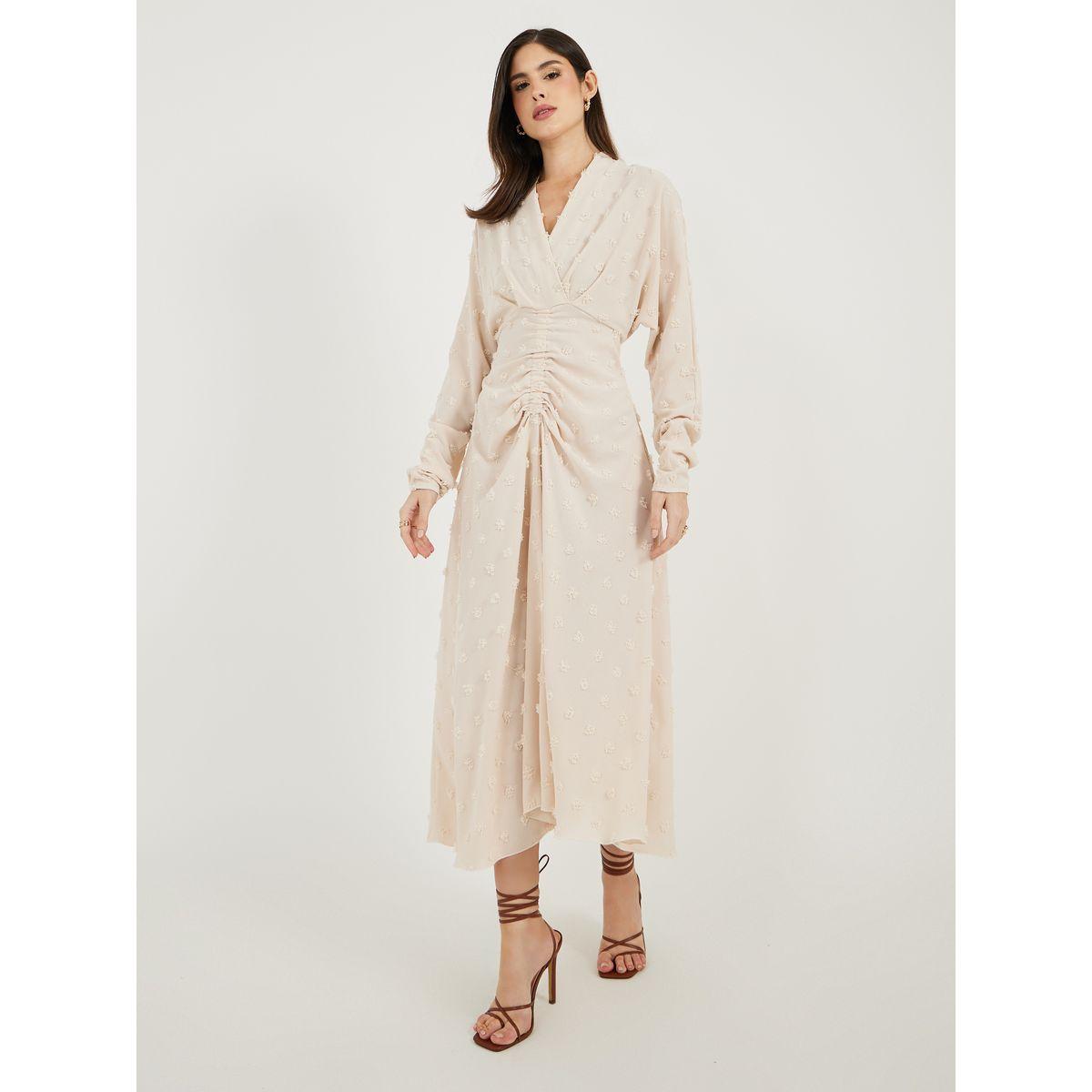 Styli Dobby Long Sleeve A-Line Midi Dress with Waist Ruched Detail-women-clothing-dresses-image-3