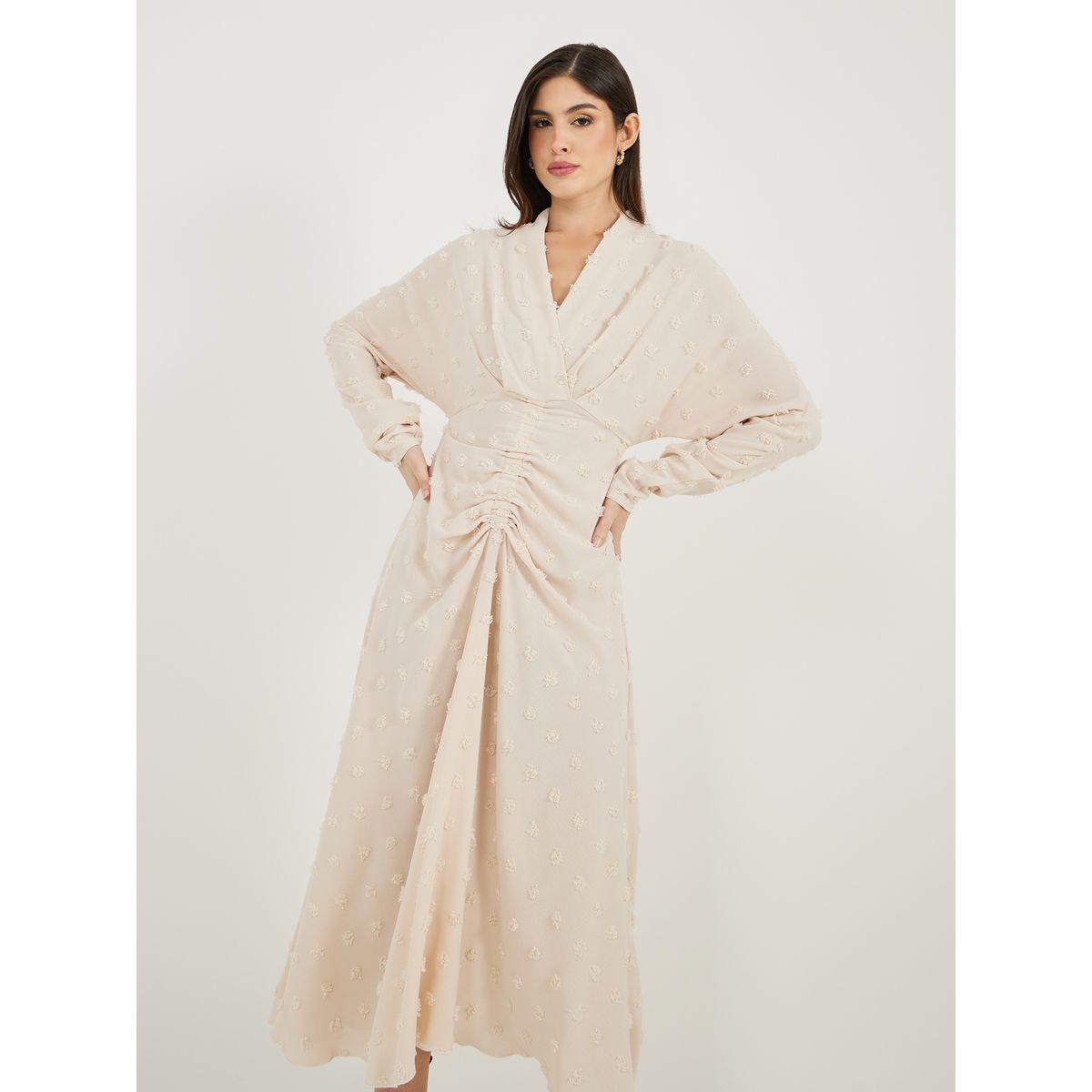 Styli Dobby Long Sleeve A-Line Midi Dress with Waist Ruched Detail-women-clothing-dresses-image-4