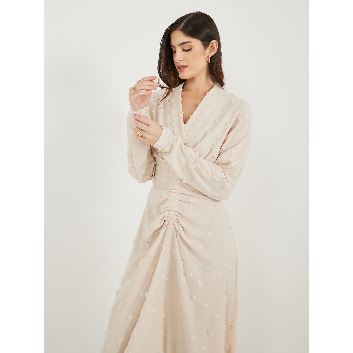 Styli Dobby Long Sleeve A-Line Midi Dress with Waist Ruched Detail-women-clothing-dresses-image-5