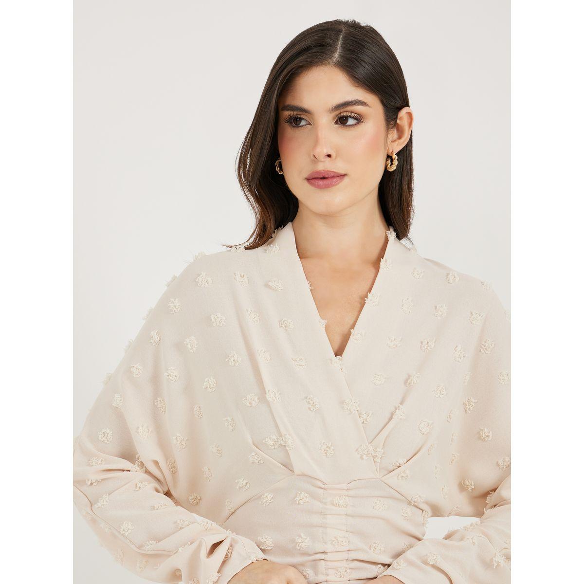 Styli Dobby Long Sleeve A-Line Midi Dress with Waist Ruched Detail-women-clothing-dresses-image-6