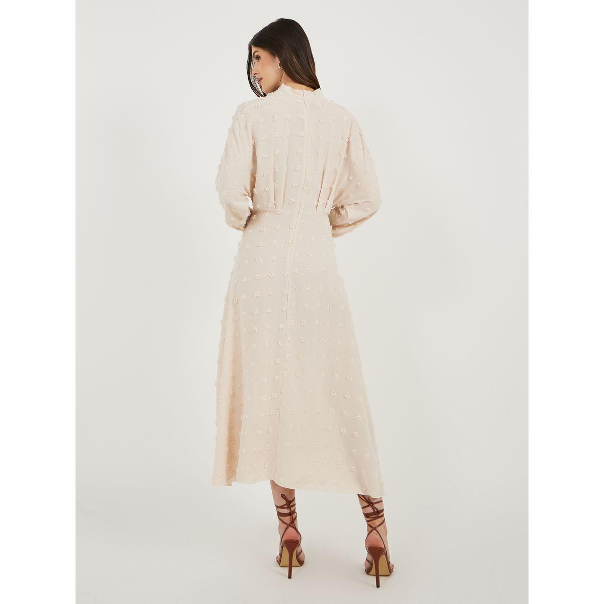 Styli Dobby Long Sleeve A-Line Midi Dress with Waist Ruched Detail-women-clothing-dresses-image-7