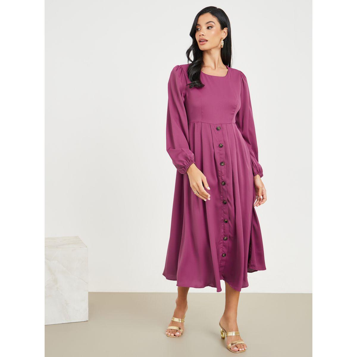فستان ميدي بحافة واسعة وتفاصيل أزرار-women-clothing-dresses-image-1