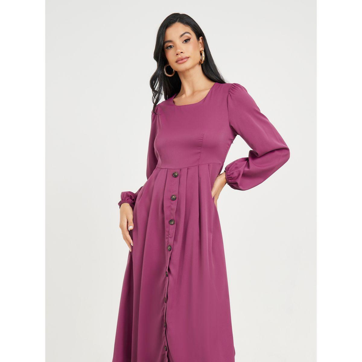 فستان ميدي بحافة واسعة وتفاصيل أزرار-women-clothing-dresses-image-2