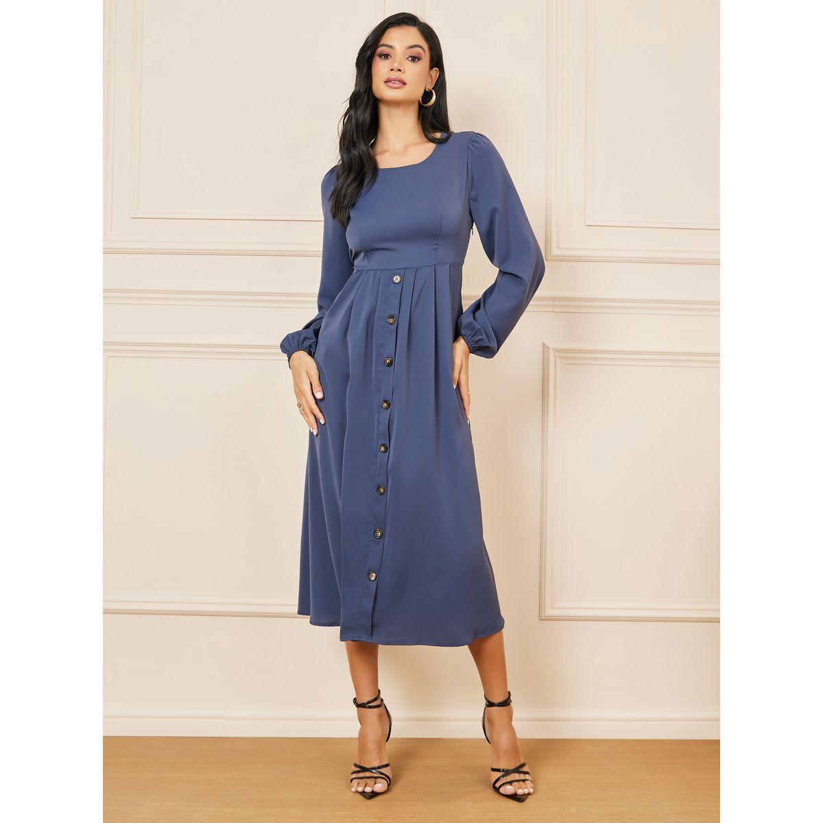 Styli Button Detail A-Line Midi Dress-women-clothing-dresses-image-1