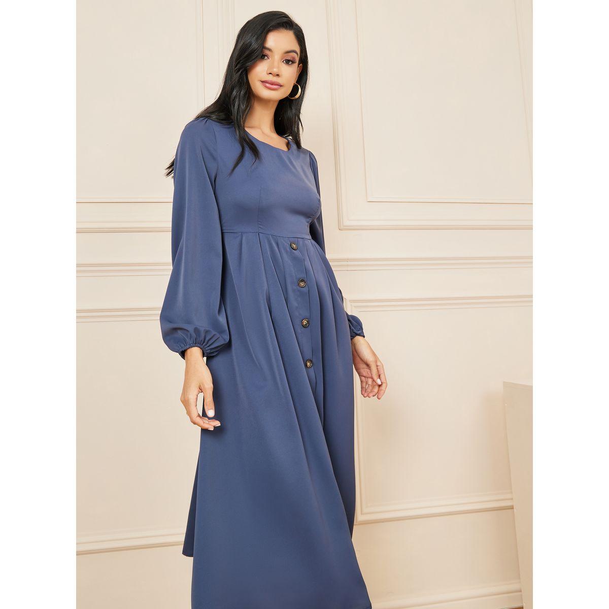 Styli Button Detail A-Line Midi Dress-women-clothing-dresses-image-2