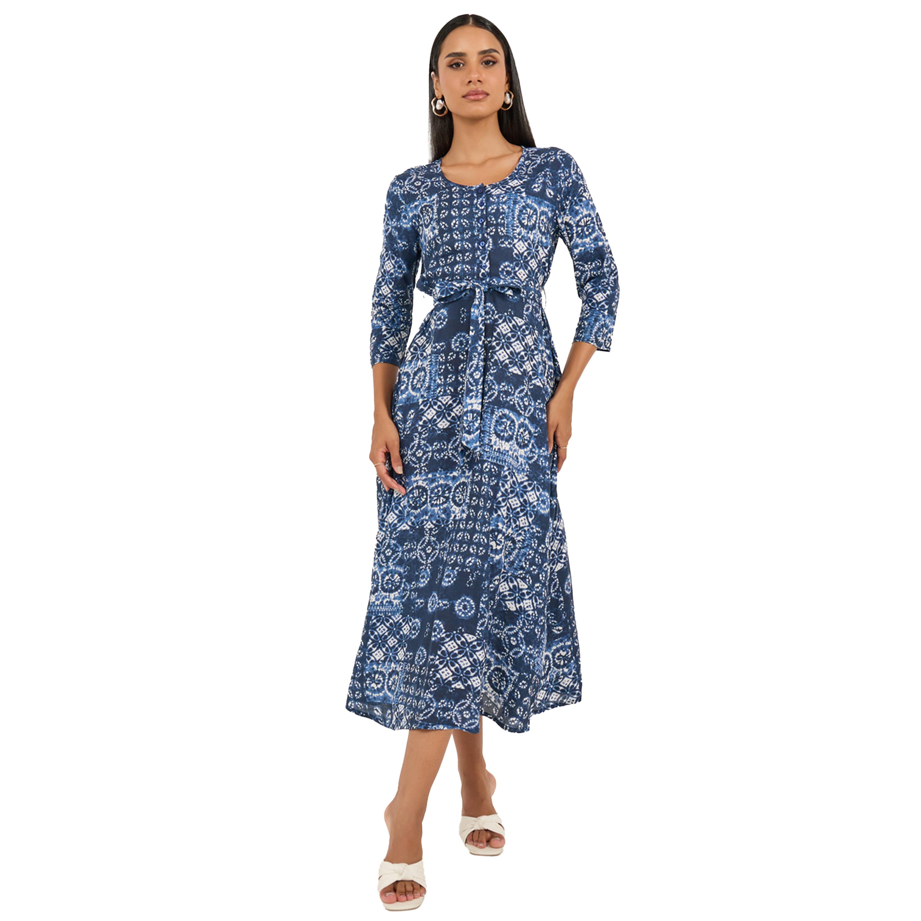 ستايلي - فستان ميدي بقصة A وأكمام 3/4 وطباعة كاملة مع رباط-women-clothing-dresses-image-1