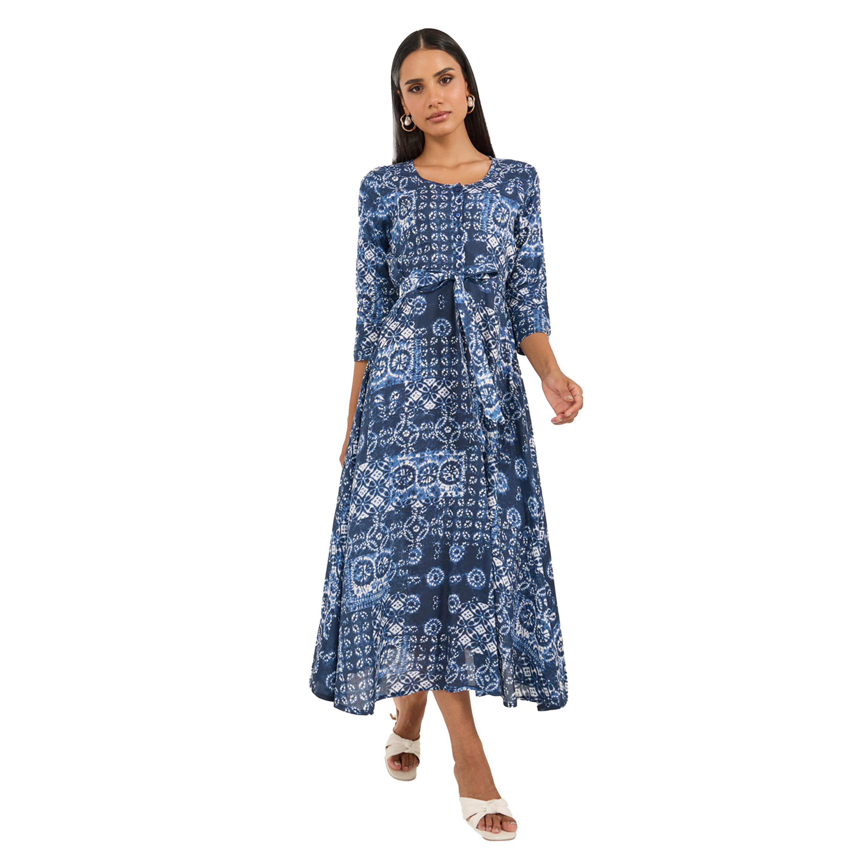 Styli All-Over Print 3/4 Sleeve A-Line Midi Dress with Tie-Up-women-clothing-dresses-image-2