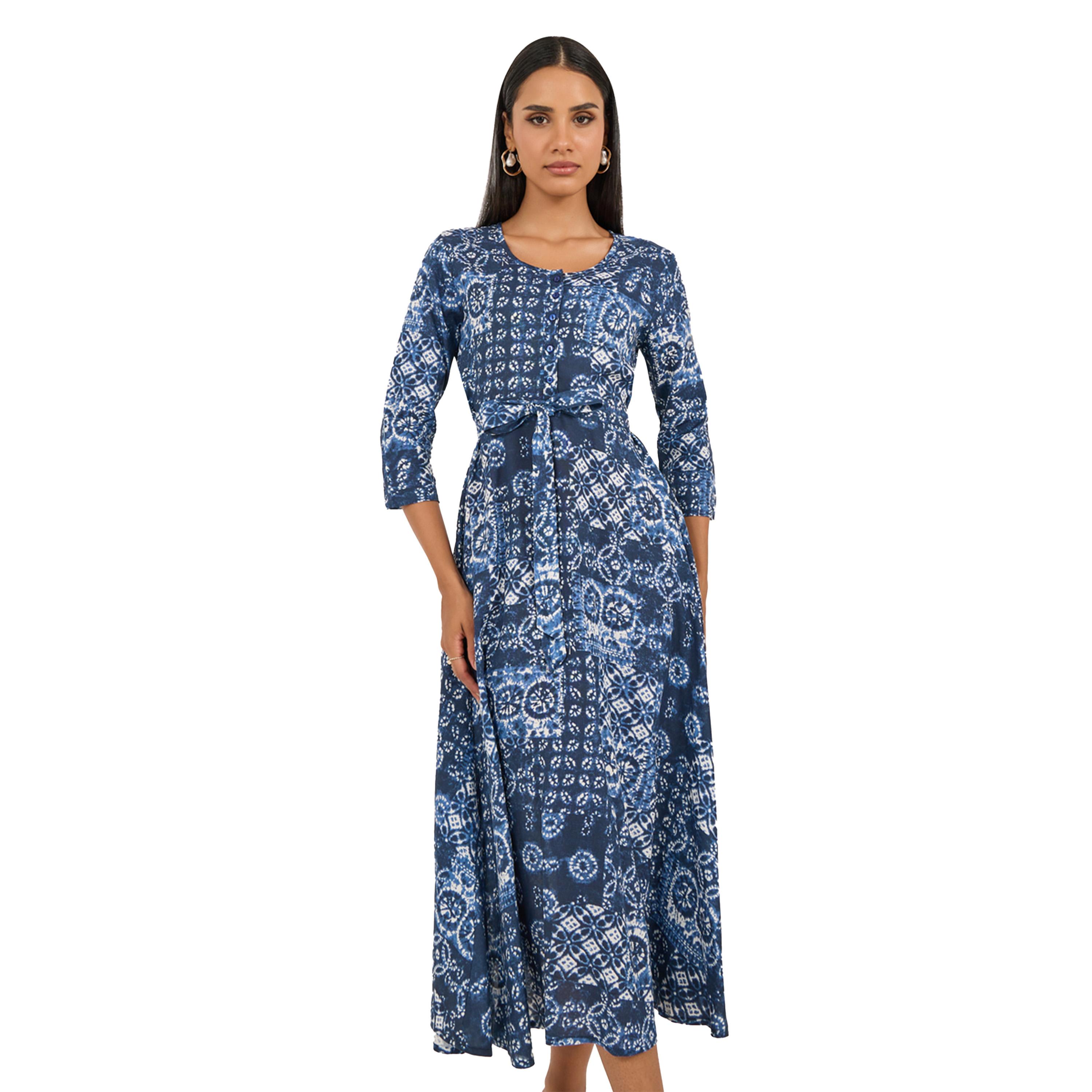 Styli All-Over Print 3/4 Sleeve A-Line Midi Dress with Tie-Up-women-clothing-dresses-image-3