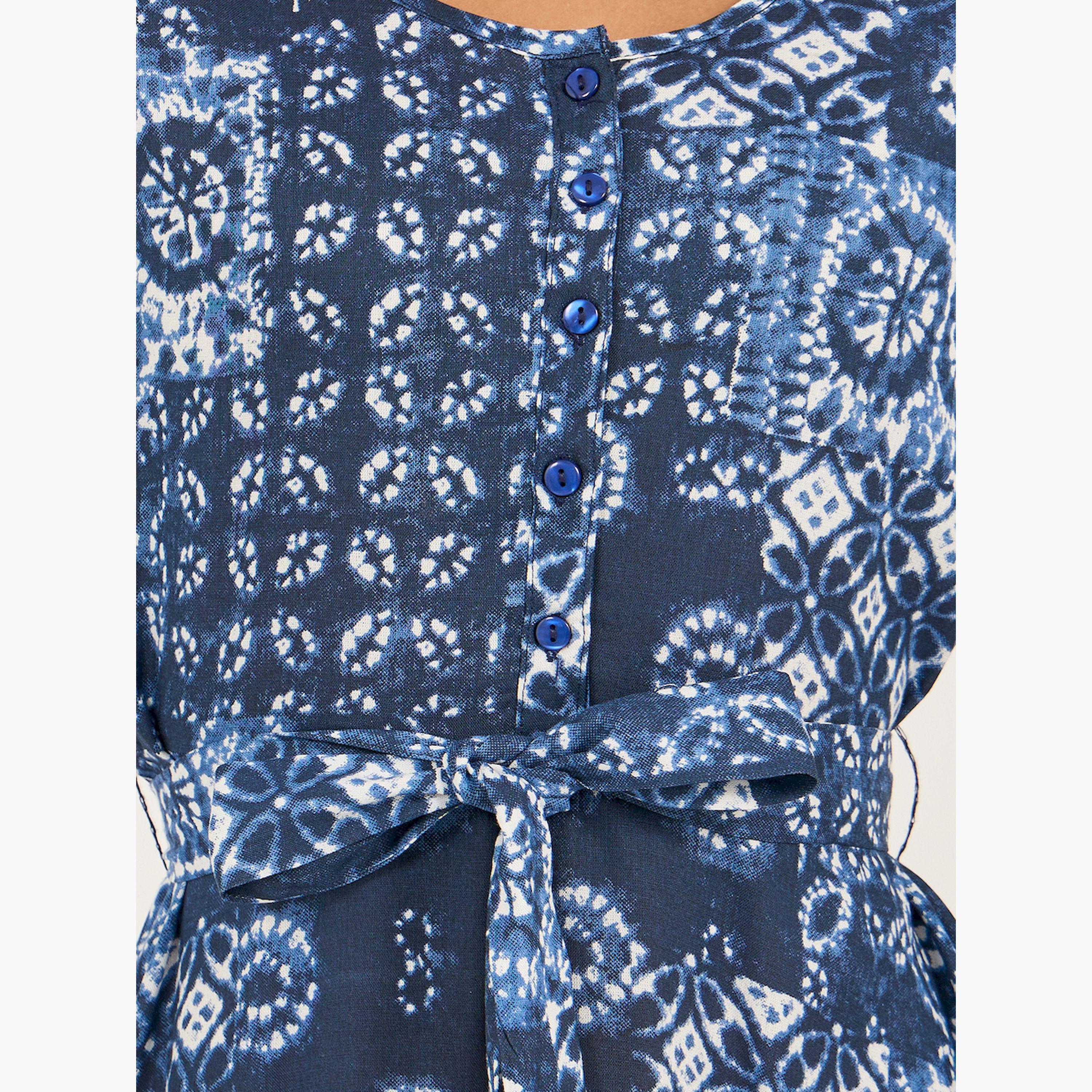 Styli All-Over Print 3/4 Sleeve A-Line Midi Dress with Tie-Up-women-clothing-dresses-image-4