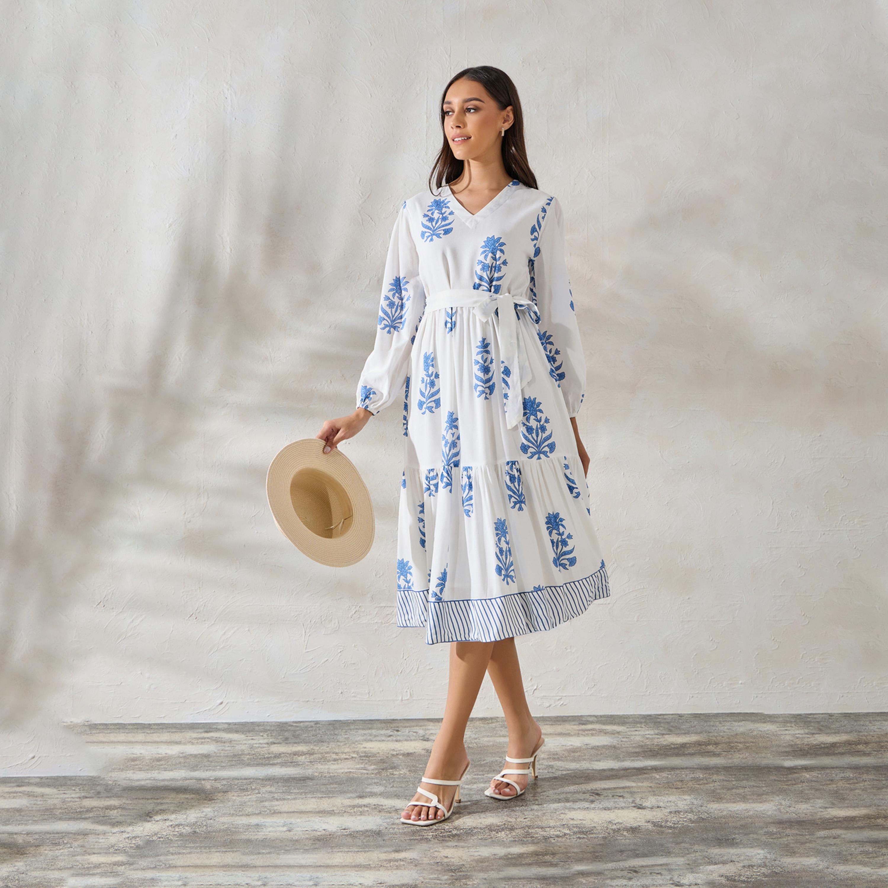 ستايلي - فستان ميدي بطبعة زهور مع حزام ربطة عنق-women-clothing-dresses-image-1