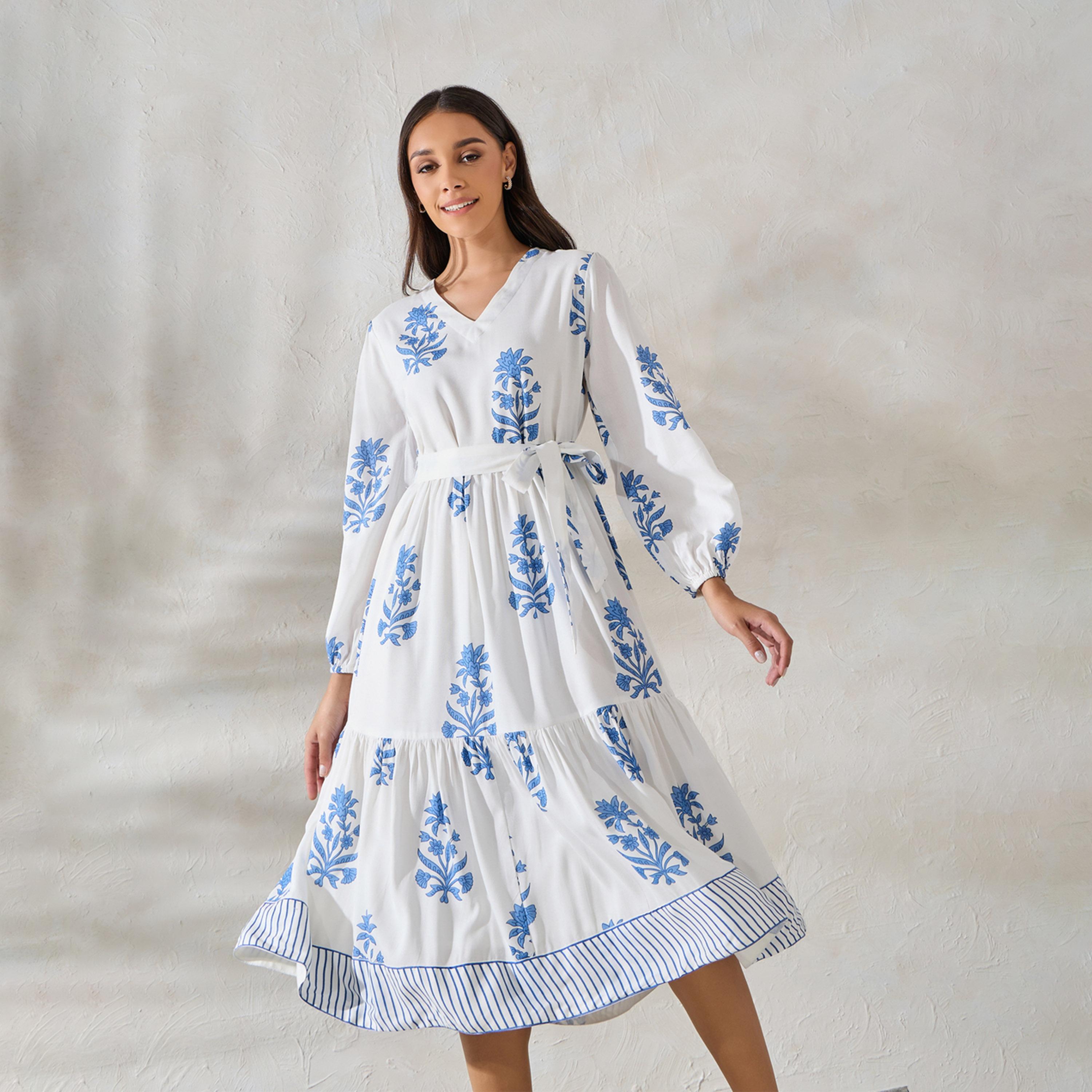 ستايلي - فستان ميدي بطبعة زهور مع حزام ربطة عنق-women-clothing-dresses-image-2