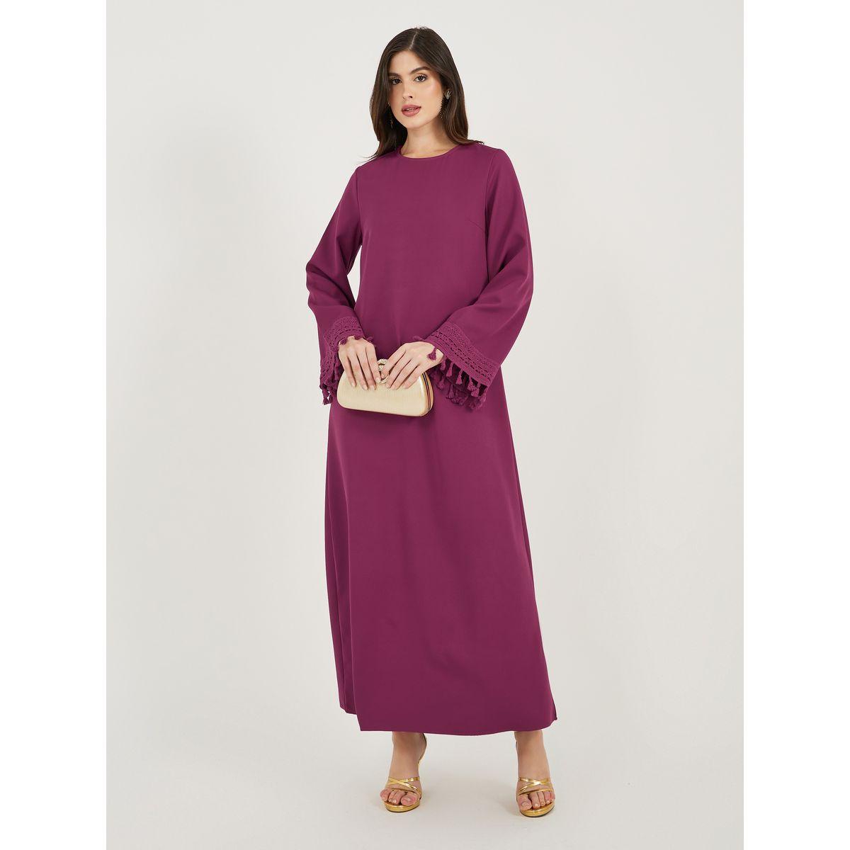 Solid Tasselled Long Sleeve Shift Maxi Dress-women-clothing-dresses-image-1