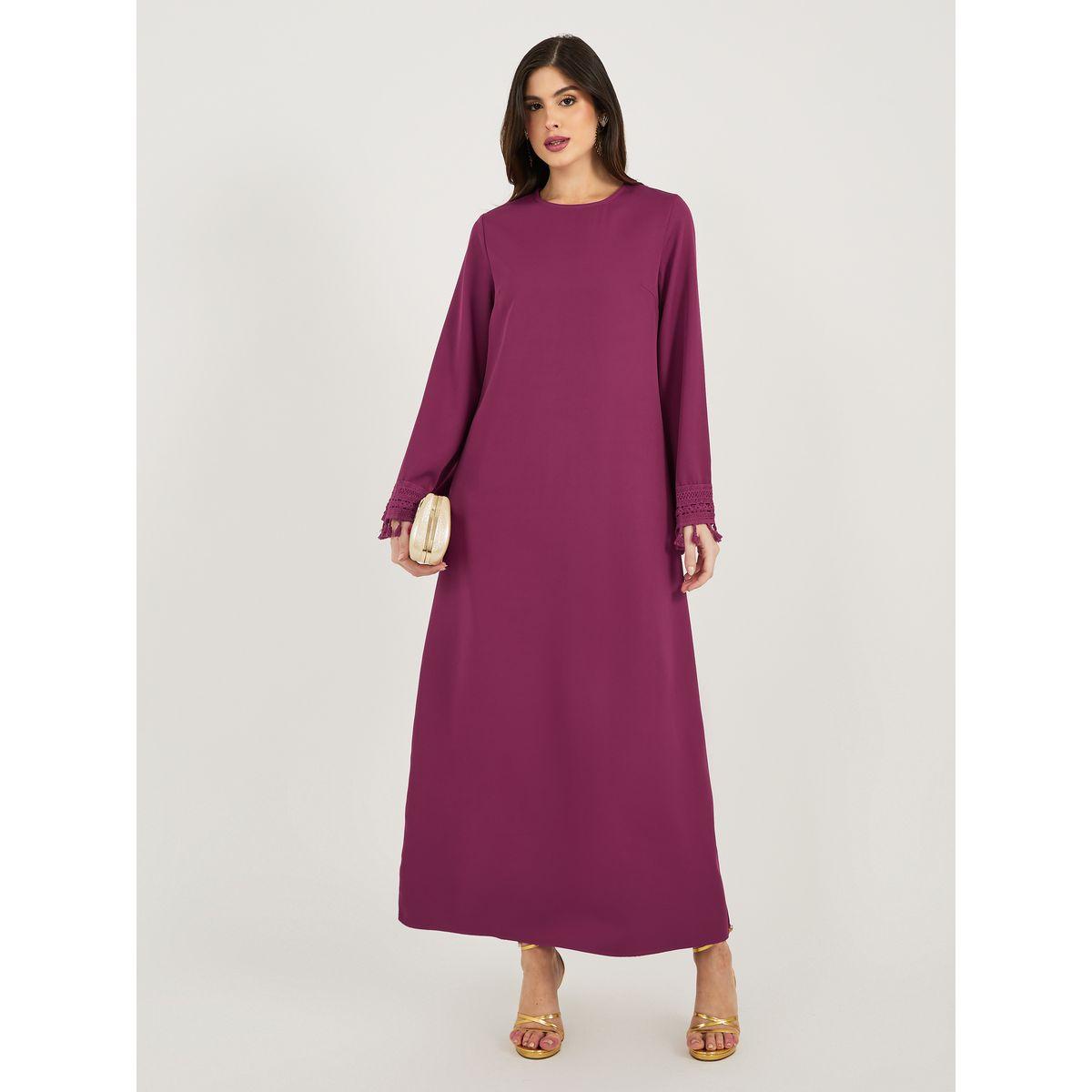 Solid Tasselled Long Sleeve Shift Maxi Dress-women-clothing-dresses-image-2