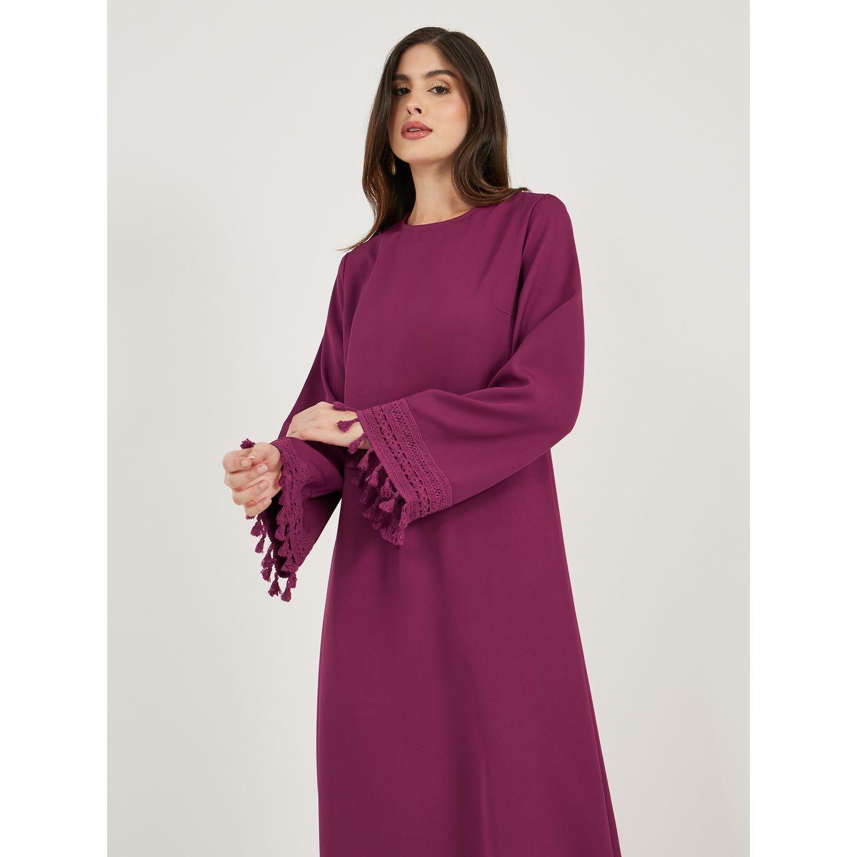 Solid Tasselled Long Sleeve Shift Maxi Dress-women-clothing-dresses-image-3