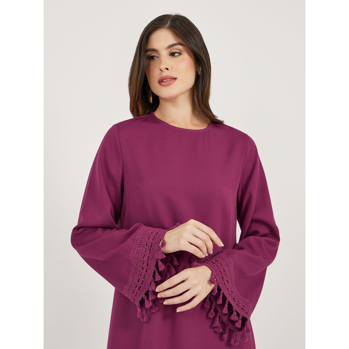 Solid Tasselled Long Sleeve Shift Maxi Dress-women-clothing-dresses-image-4