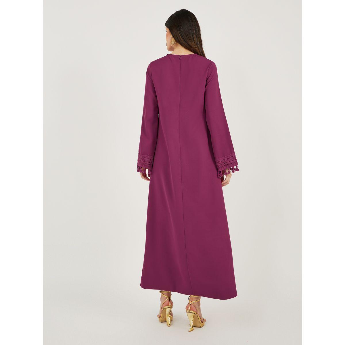 Solid Tasselled Long Sleeve Shift Maxi Dress-women-clothing-dresses-image-5