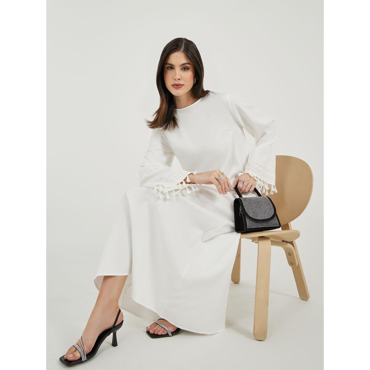 Styli Solid Tasselled Long Sleeve Shift Maxi Dress-women-clothing-dresses-image-1