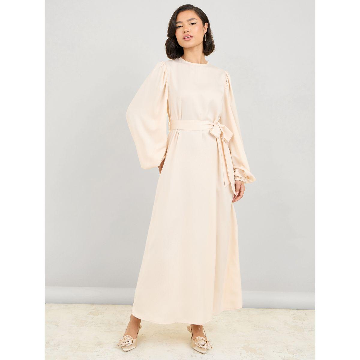فستان طويل سادة بأكمام بالون وأربطة-women-clothing-dresses-image-1