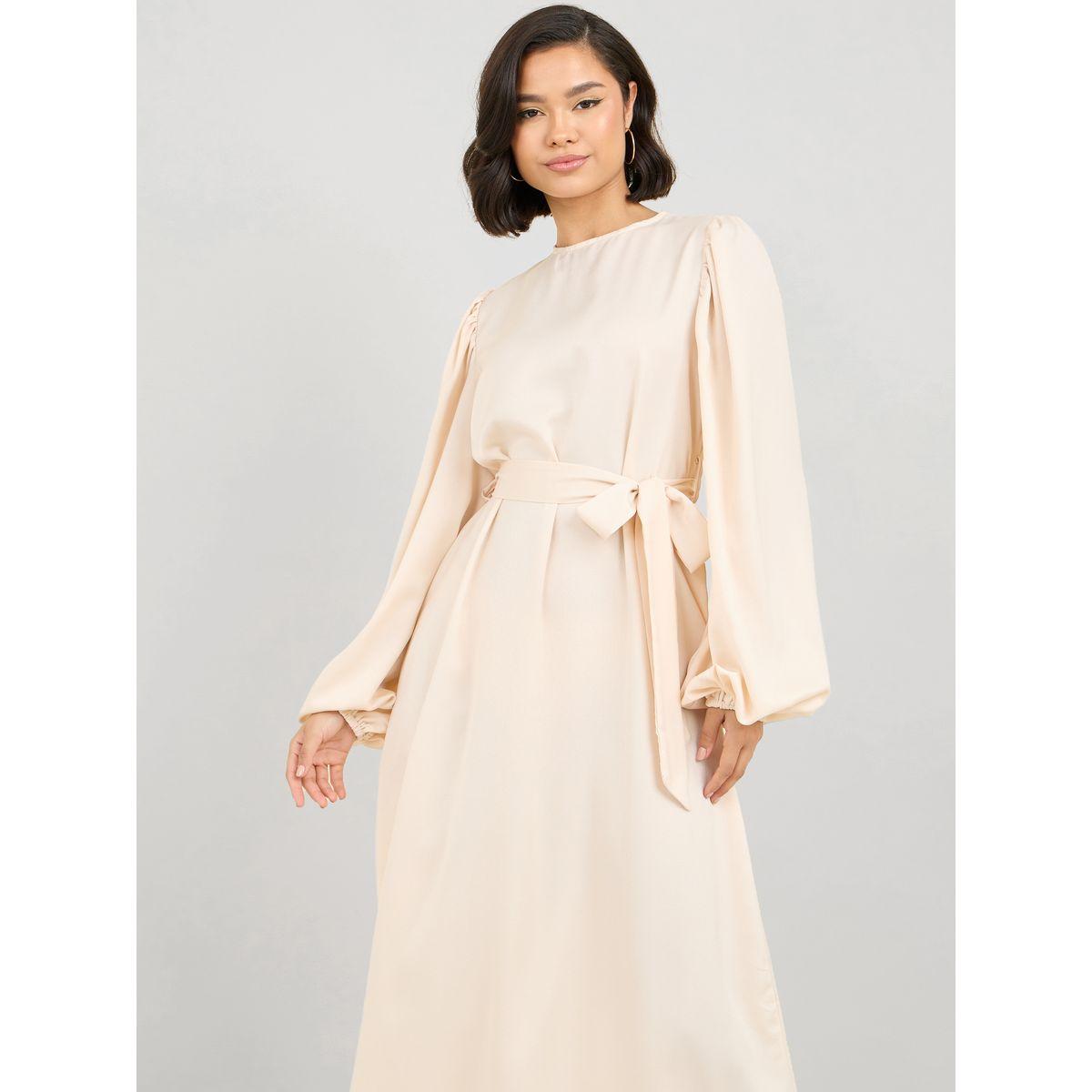 فستان طويل سادة بأكمام بالون وأربطة-women-clothing-dresses-image-2