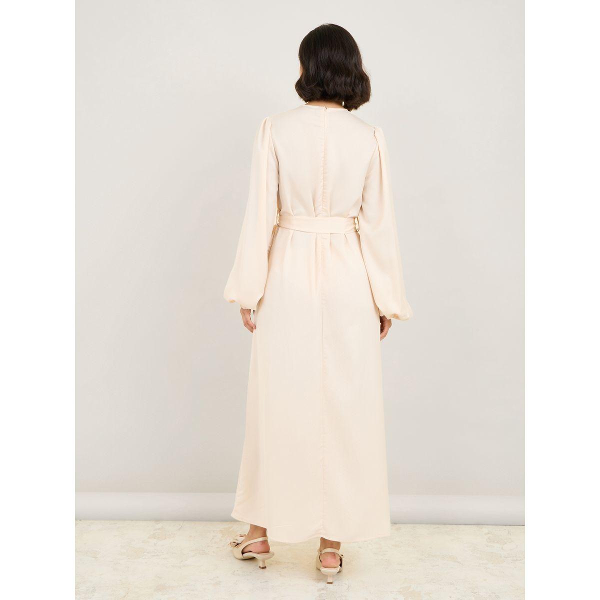 فستان طويل سادة بأكمام بالون وأربطة-women-clothing-dresses-image-4