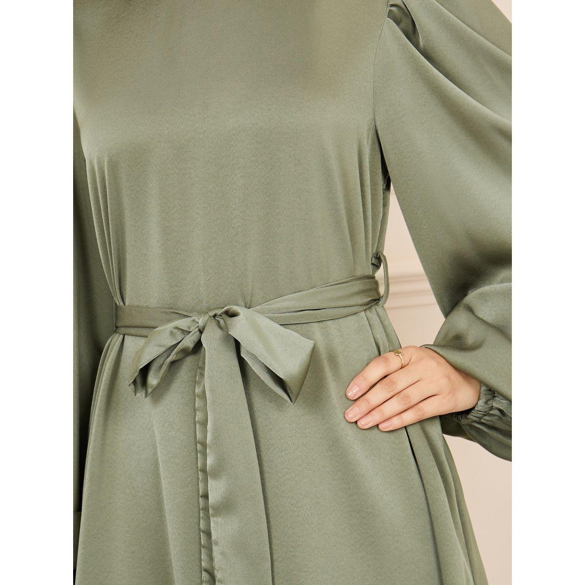 Styli Solid Balloon Sleeves Self Tie Up A-Line Maxi Dress-women-clothing-dresses-image-3
