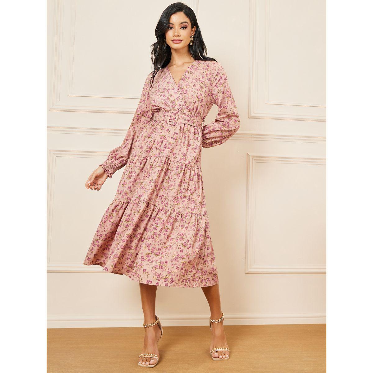 Styli Floral Print Cuff Sleeves Belted Tiered Midi Dress-women-clothing-dresses-image-1