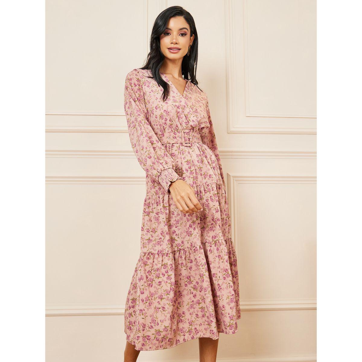Styli Floral Print Cuff Sleeves Belted Tiered Midi Dress-women-clothing-dresses-image-2