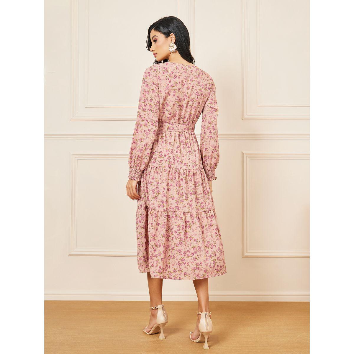Styli Floral Print Cuff Sleeves Belted Tiered Midi Dress-women-clothing-dresses-image-4