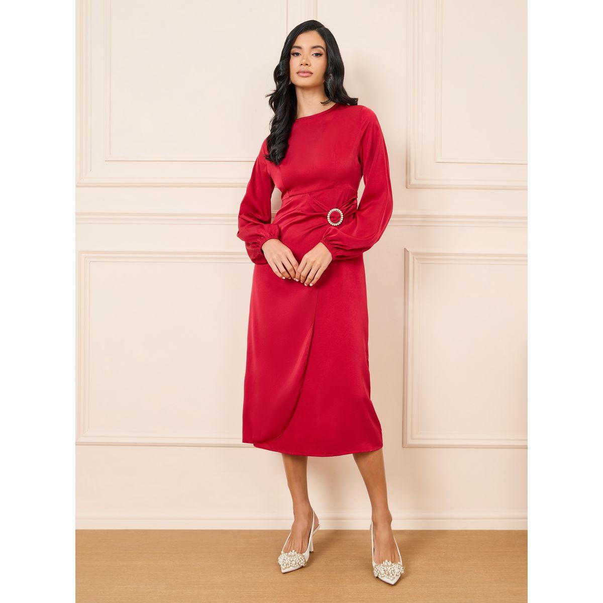 فستان ميدي مزين بحلية منمقة بلؤلؤ-women-clothing-dresses-image-2