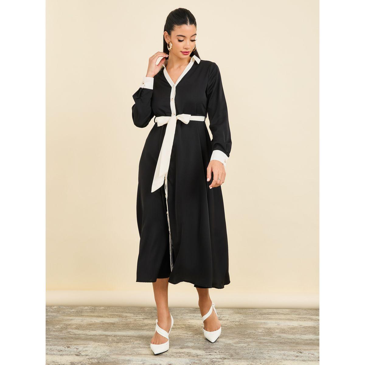 فستان ميدي بياقة مدببة مع اربطة-women-clothing-dresses-image-1