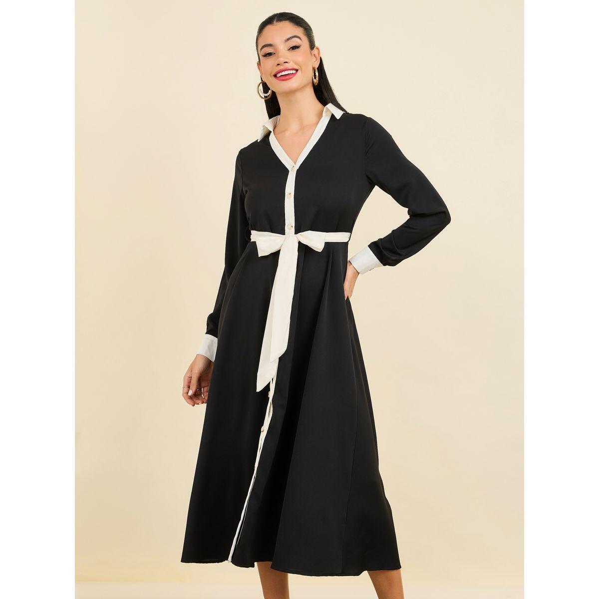 فستان ميدي بياقة مدببة مع اربطة-women-clothing-dresses-image-2
