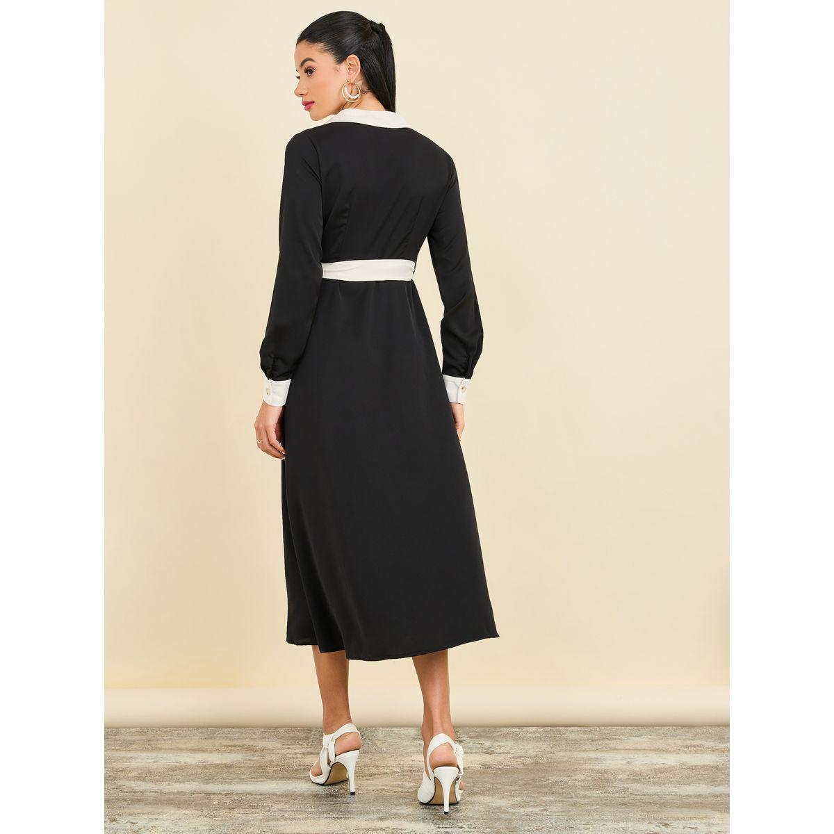 فستان ميدي بياقة مدببة مع اربطة-women-clothing-dresses-image-4