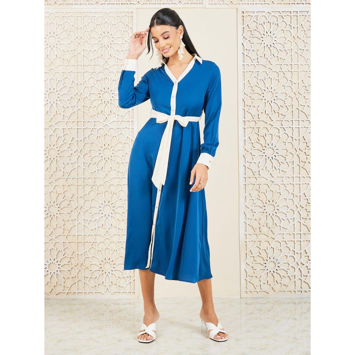 Styli Contrast Self Tie Up Collared Shirt Midi Dress-women-clothing-dresses-image-1