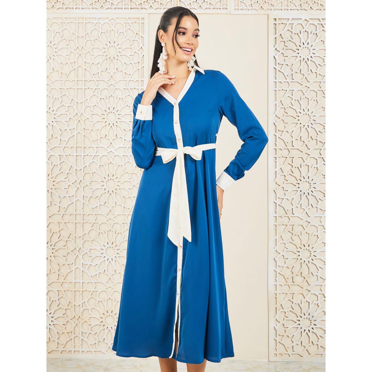 Styli Contrast Self Tie Up Collared Shirt Midi Dress-women-clothing-dresses-image-2