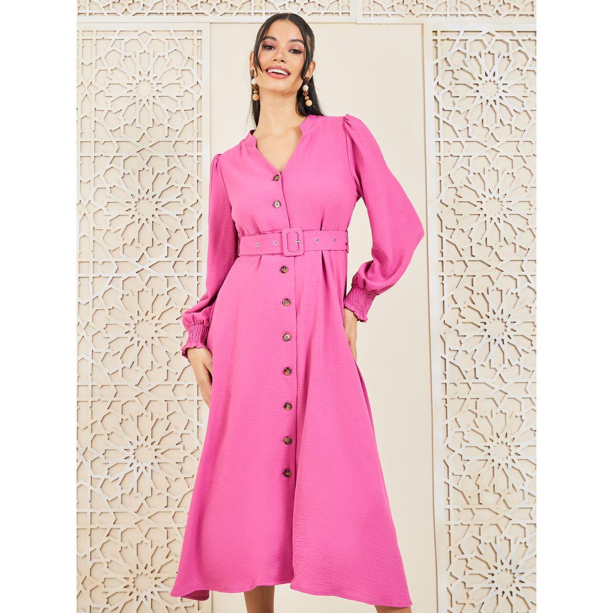 Styli Smocked Cuff Sleeves Woven Belted Shirt Midi Dress-women-clothing-dresses-image-2
