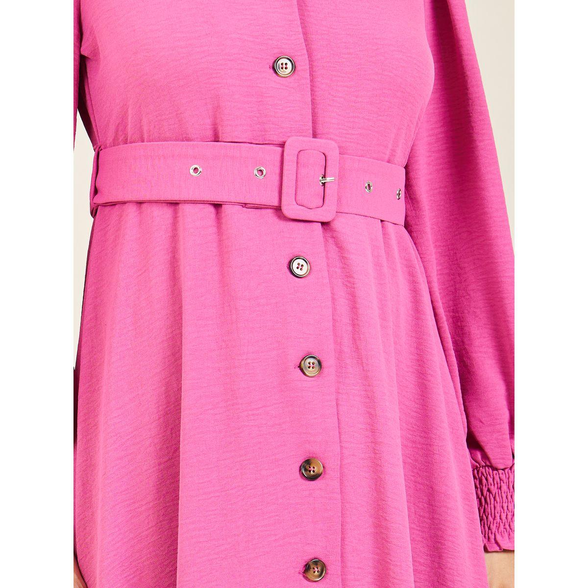 Styli Smocked Cuff Sleeves Woven Belted Shirt Midi Dress-women-clothing-dresses-image-3