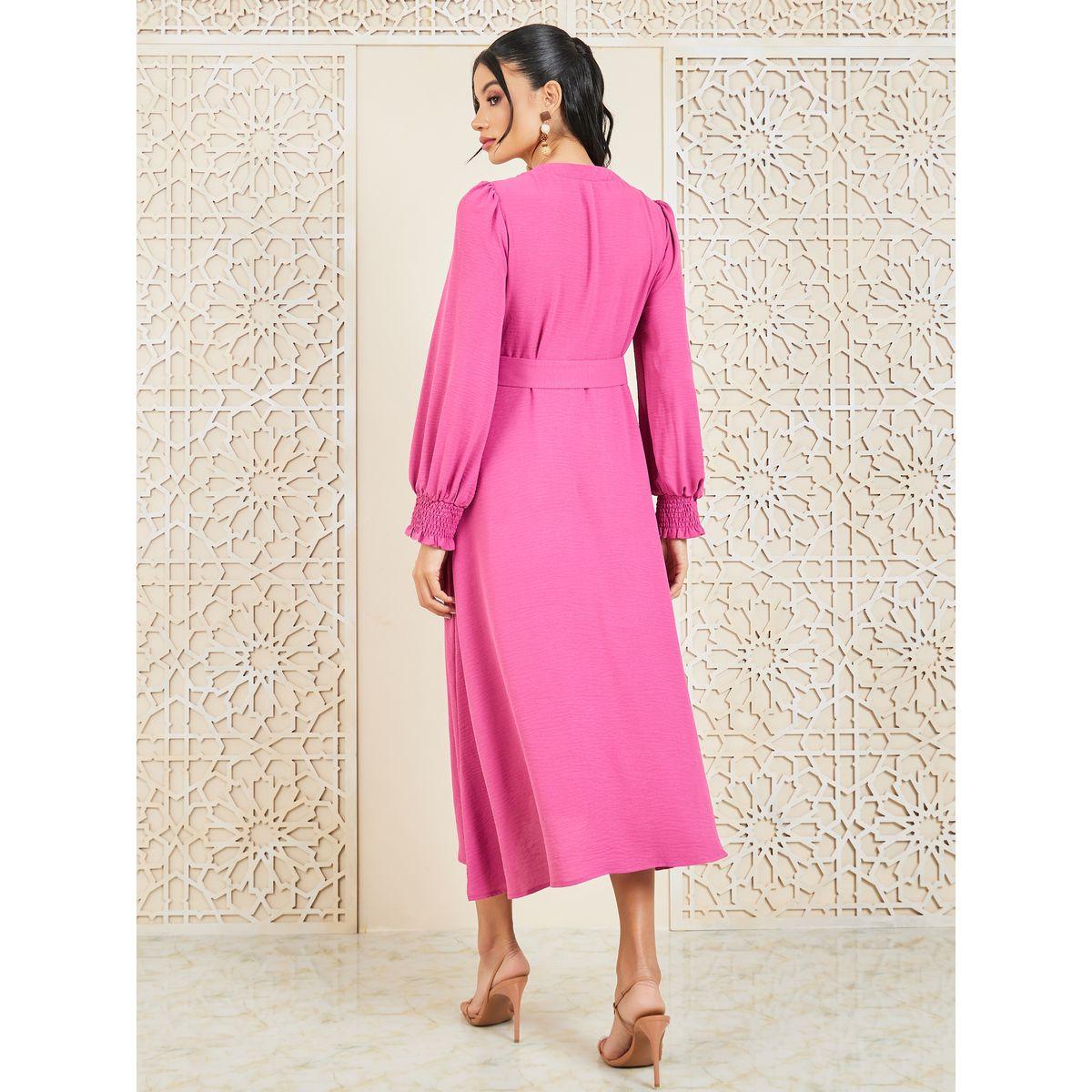 Styli Smocked Cuff Sleeves Woven Belted Shirt Midi Dress-women-clothing-dresses-image-4