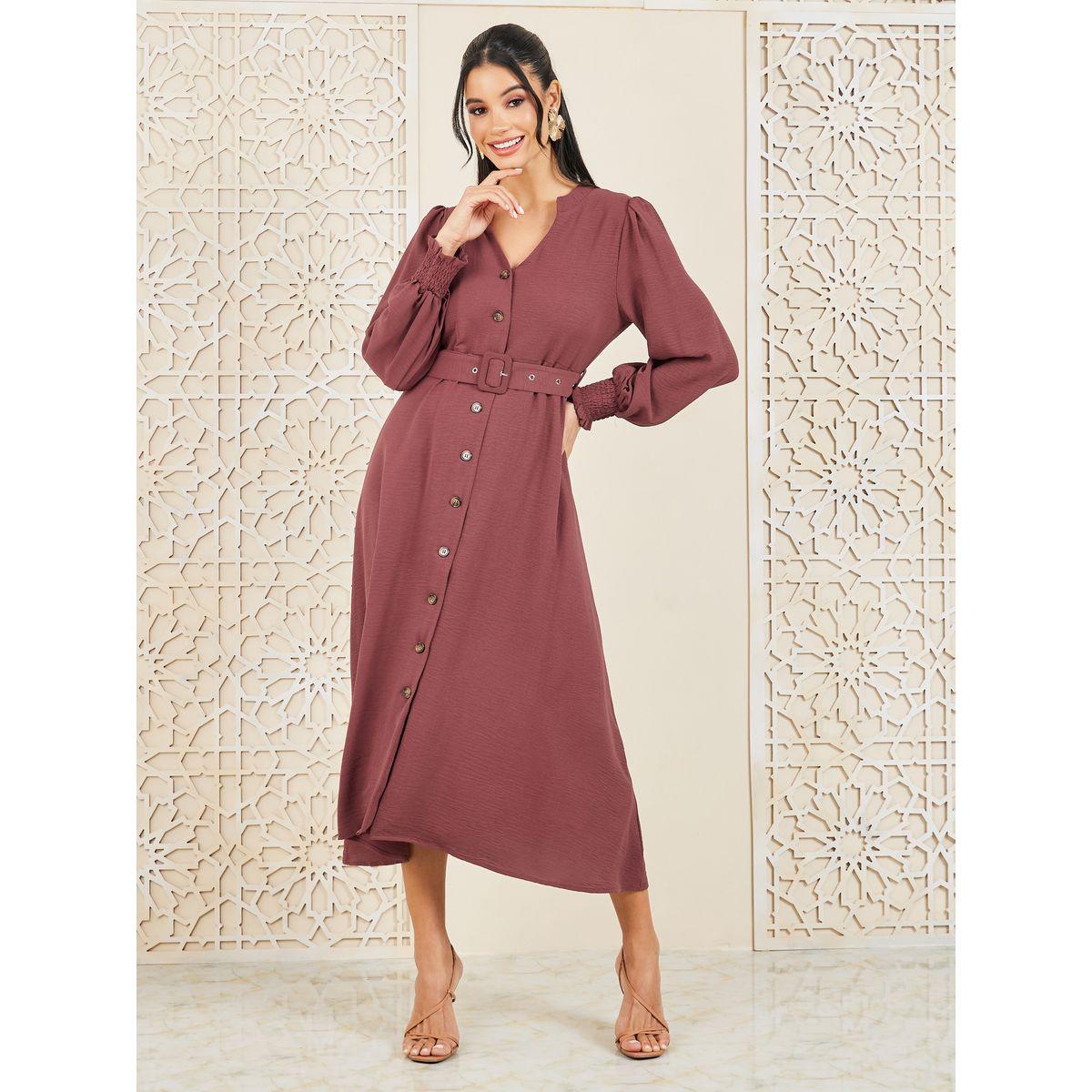 فستان ميدي منسوج مع حزام خصر-women-clothing-dresses-image-1