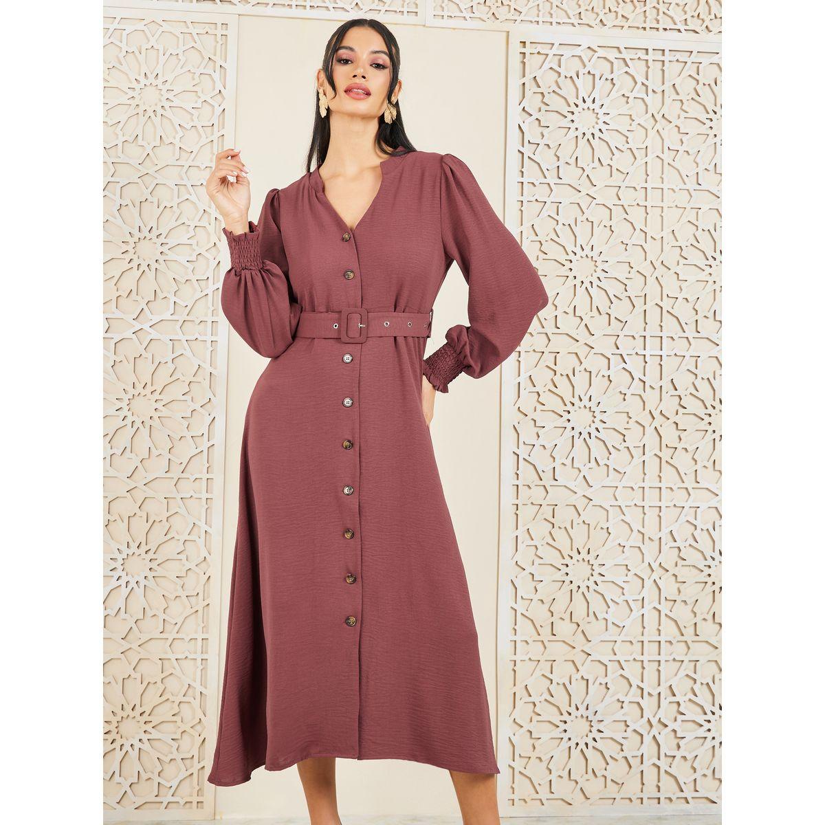 فستان ميدي منسوج مع حزام خصر-women-clothing-dresses-image-2
