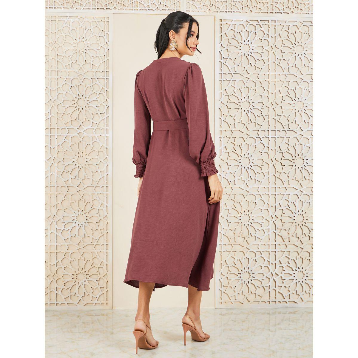 Styli Smocked Cuff Sleeves Woven Belted Shirt Midi Dress-women-clothing-dresses-image-4