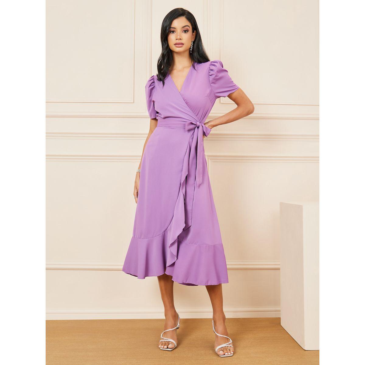 فستان ميدي سادة بنمط لف وكشكش-women-clothing-dresses-image-4
