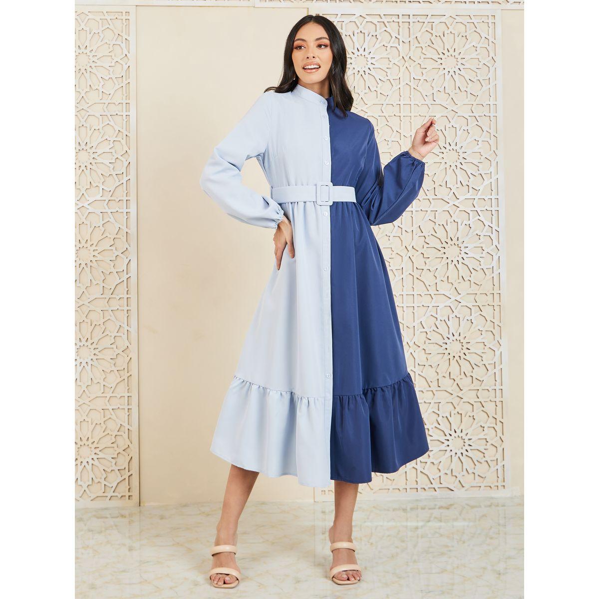 Styli Colorblock High Neck Belted Shirt Midi Dress-women-clothing-dresses-image-1