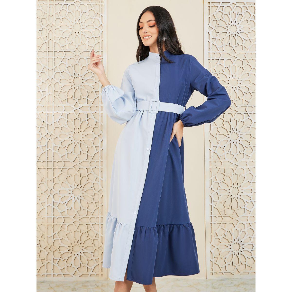 Styli Colorblock High Neck Belted Shirt Midi Dress-women-clothing-dresses-image-2