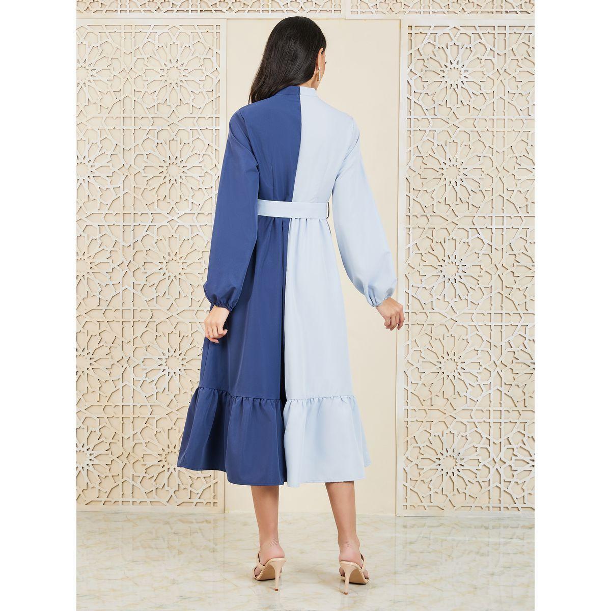 فستان ميدي بنمط كتل الالوان مع حزام خصر-women-clothing-dresses-image-4