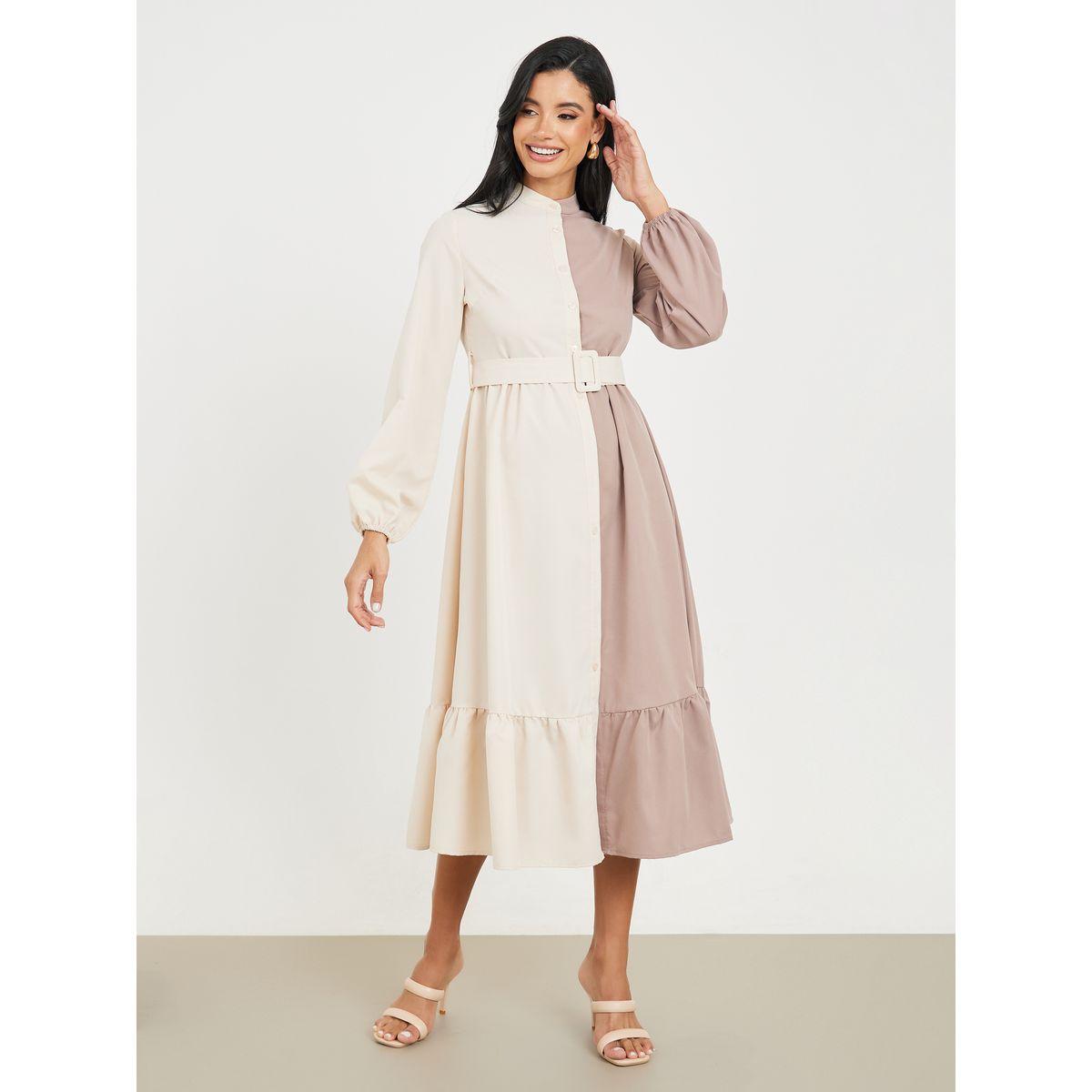 Styli Colorblock Belted A-Line Shirt Midi Dress-women-clothing-dresses-image-1